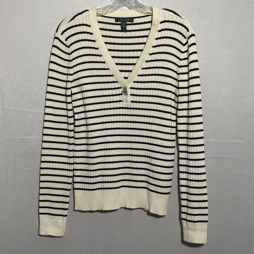 Lauren Ralph Lauren Womens M Ivory Black Striped 100% Cotton V Neck Sweater